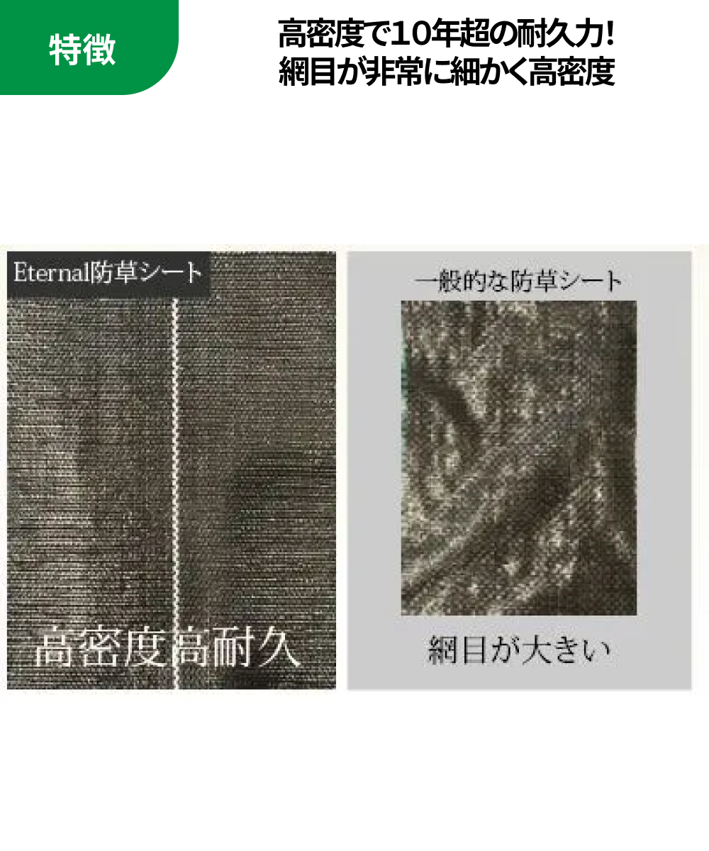 特徴：高密度で１０年超の耐久力！ 網目が非常に細かく高密度